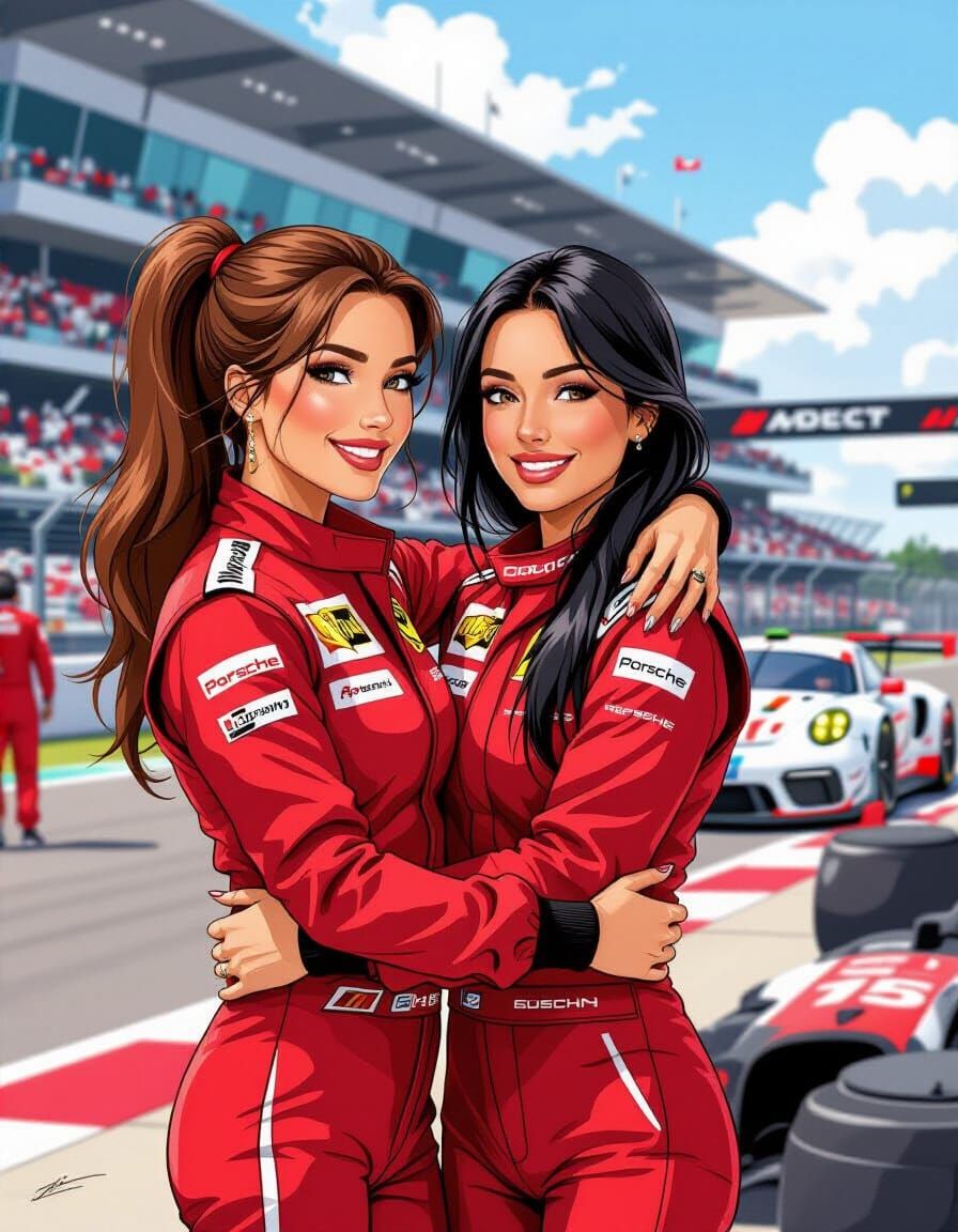 Porsche Race Drivers Hugging at Le Mans in Milo Manara Style