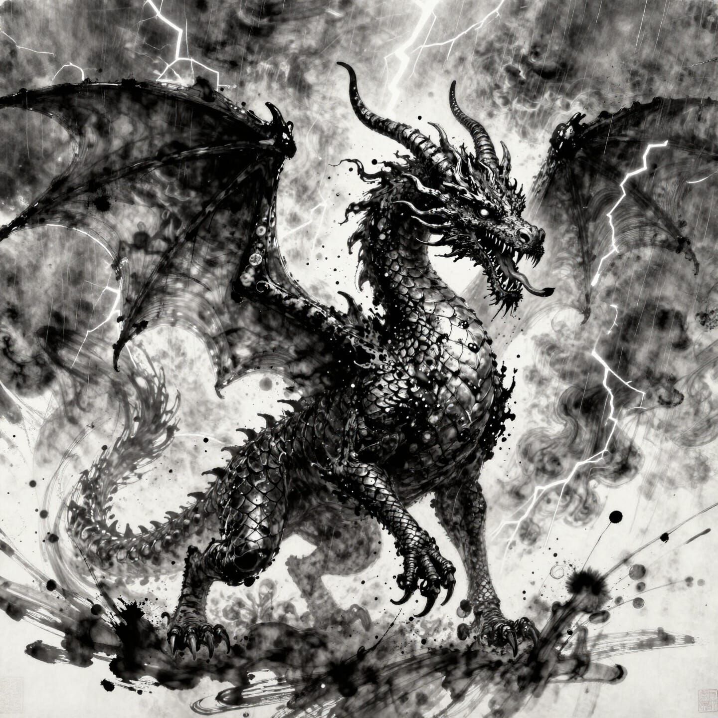 Monochromatic Ink Dragon Emerging From Storm