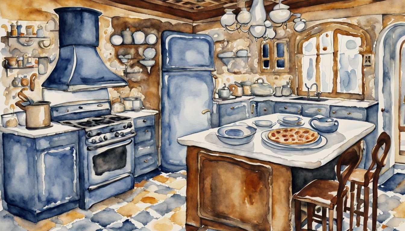 Art Deco Kitchen with Pie: Watercolor Painting