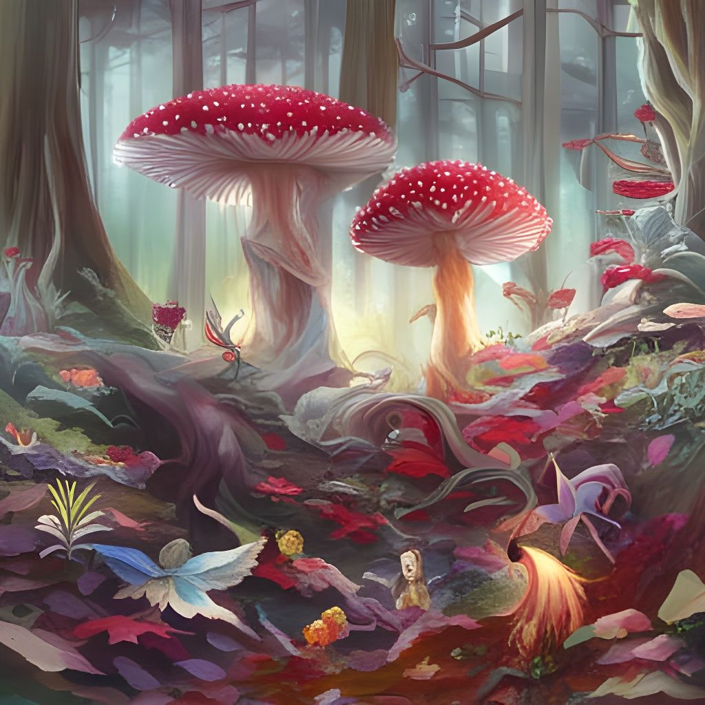 Psychedelic Fly Agaric Mushroom Forest Scene