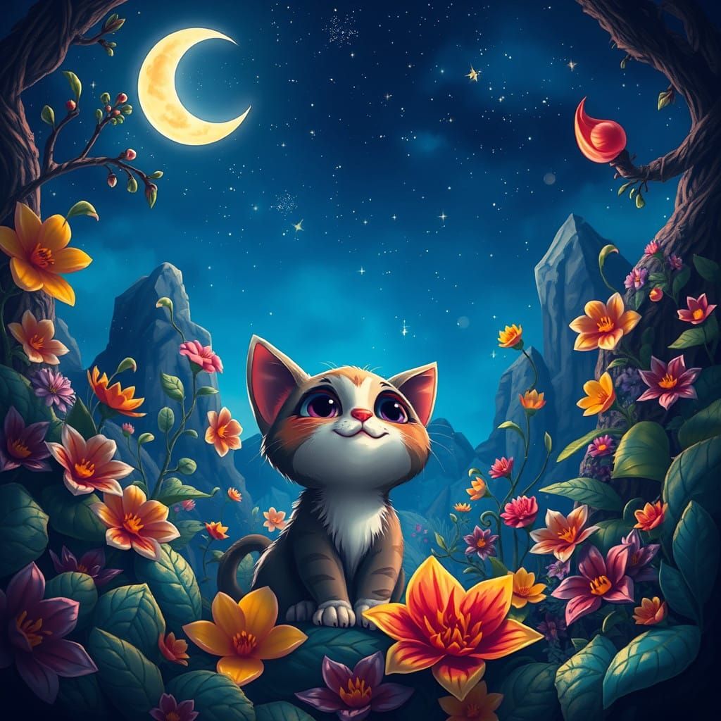Whimsical Cartoon Cat in Mystical Realm
