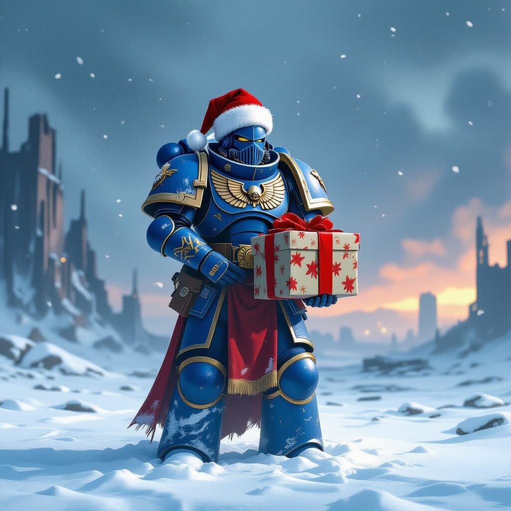 Ultramarines Soldier in Santa Hat Amidst Post-Apocalyptic Sn...