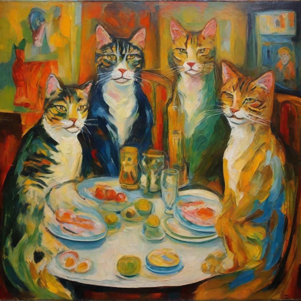 Cats' Cozy Gathering: An Expressionist Oil Painting