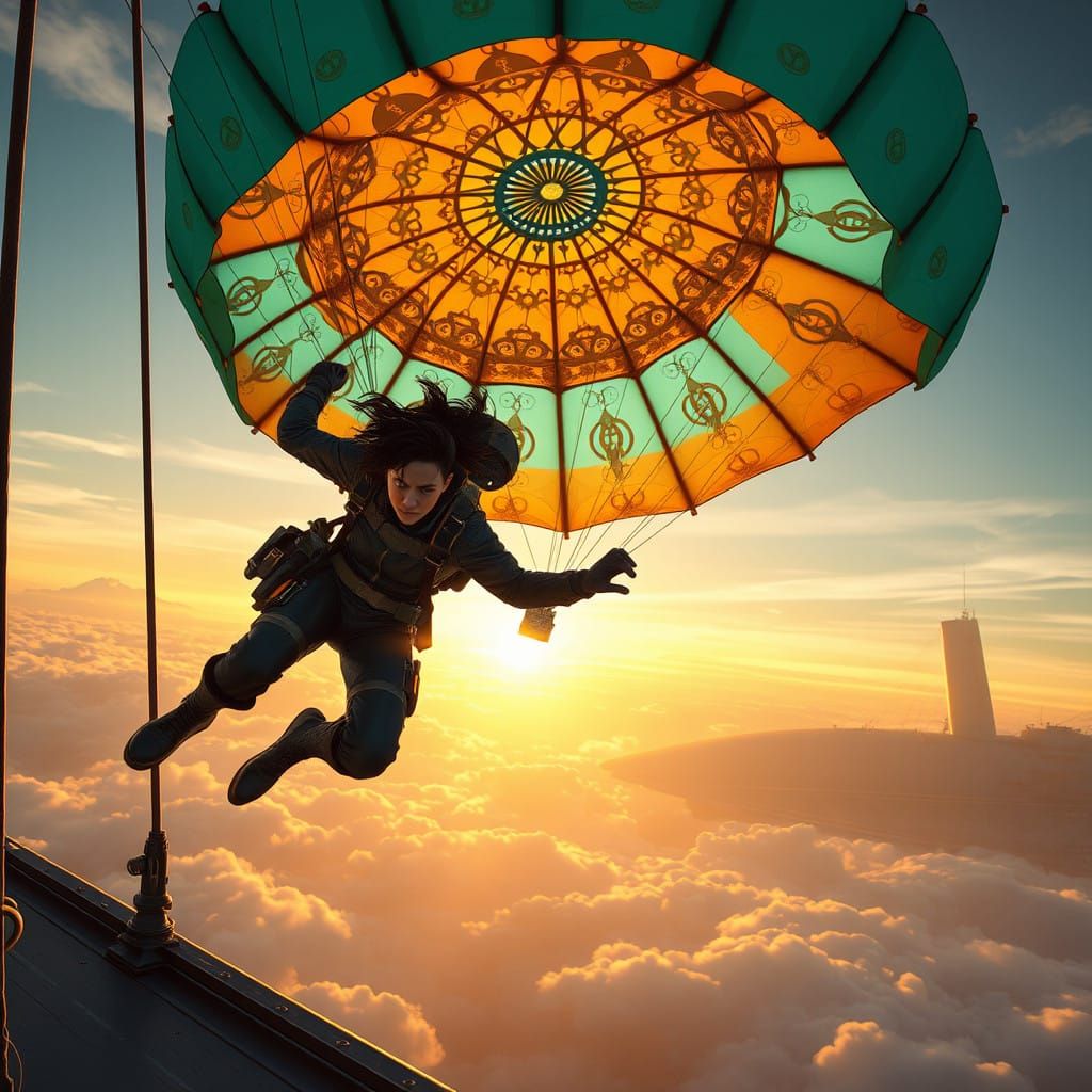 Heroic Figure Leaping from Airship in Intricately Detailed J...