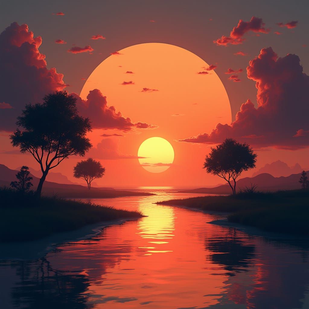 Surreal Art Deco Sunrise Landscape in Vibrant Colors