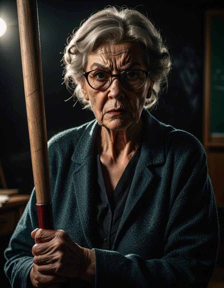 A Scary Old Teacher Stares Down Her Victim in a Dark Classro...