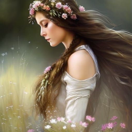 Medieval Girl with Wildflower Crown in Lush Forest