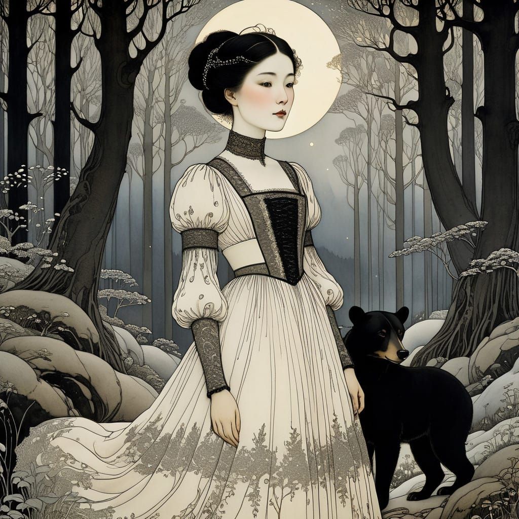 Little Girl in Enchanted Forest Scene with Vintage Dress