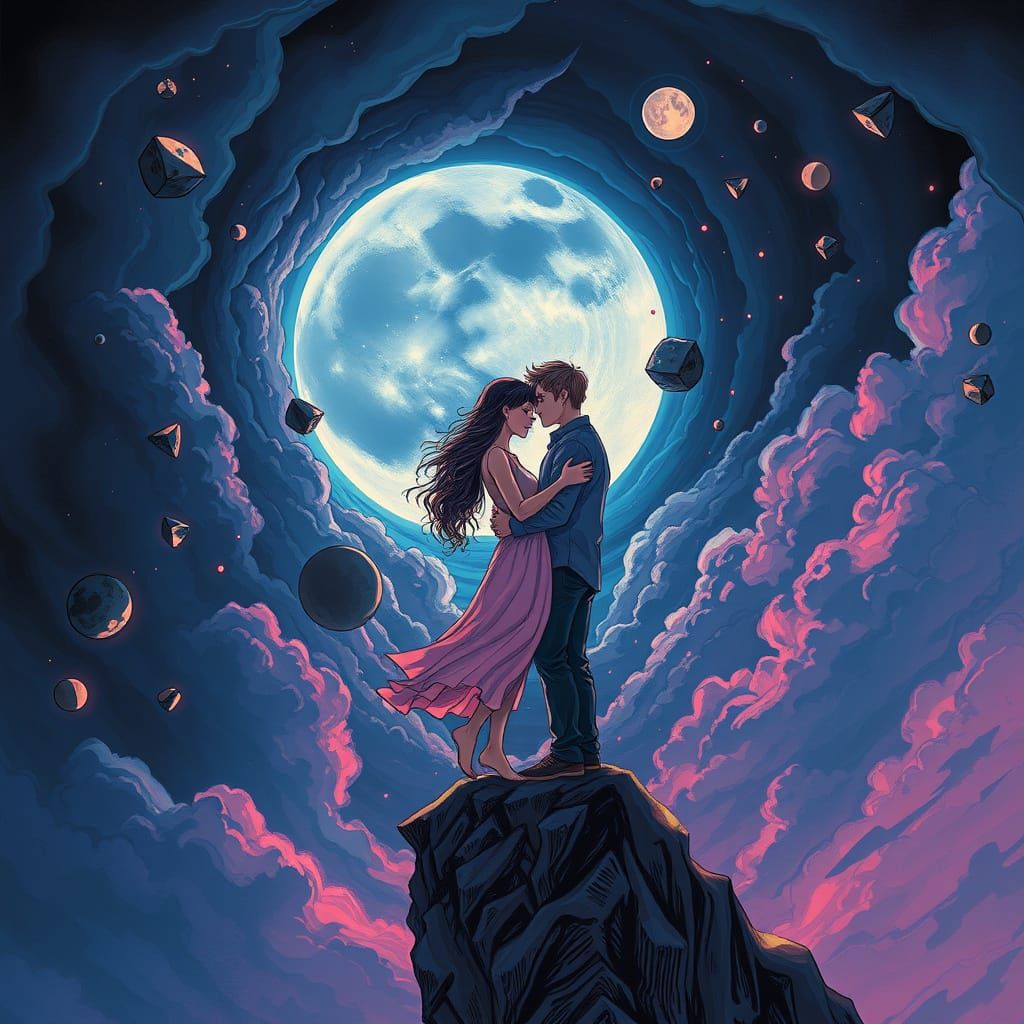 Emo Goth Couple on Cliff's Edge in Pastel Hued Futurism