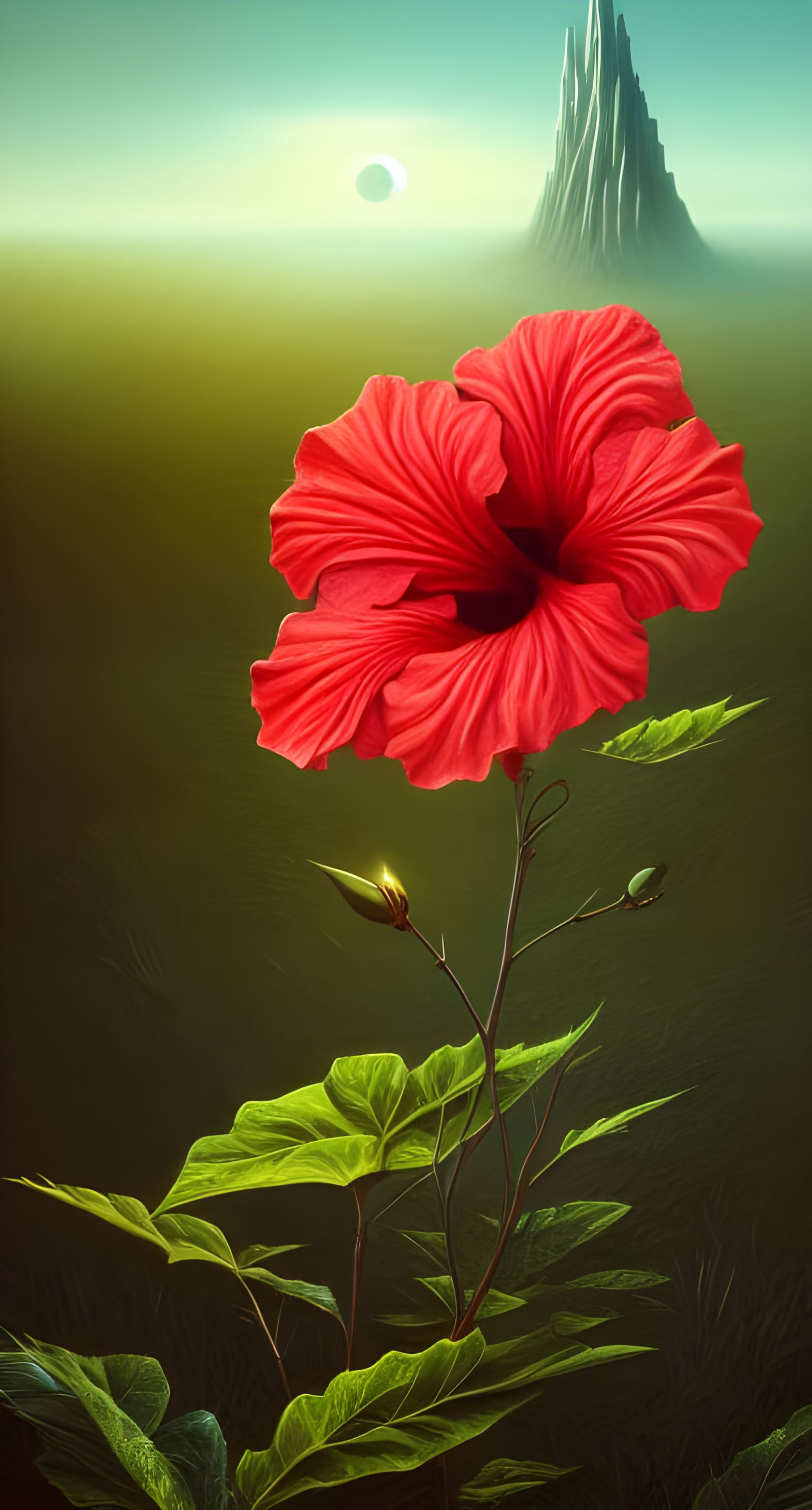Hibiscus and Dark Tower in Surreal Fantasy Style