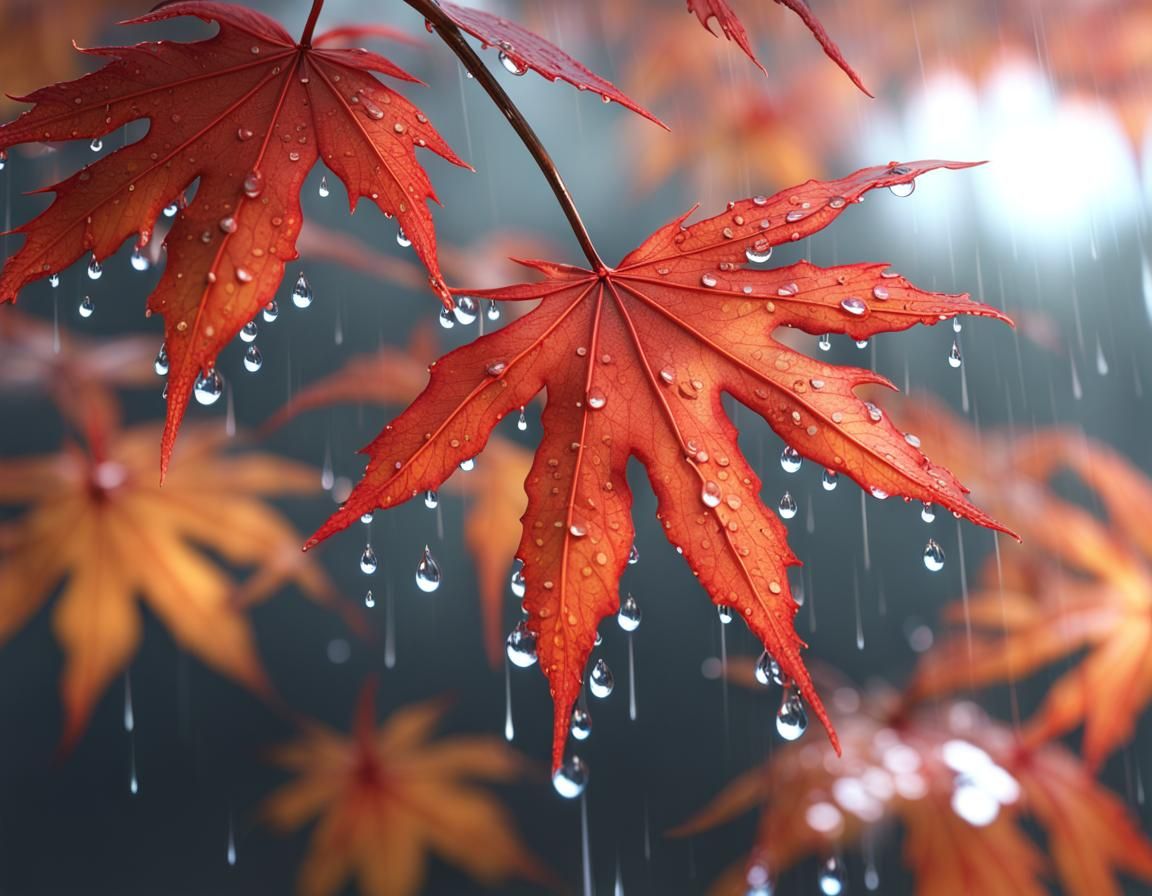 Japanese Maple Leaves in Rain, Octane Render