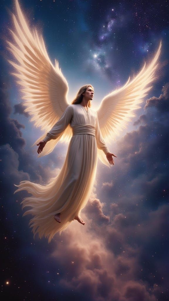Majestic Angel Descends from Nebula in Cosmic Art Style