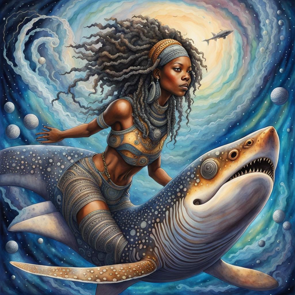 Goddess Rides Whale Shark in Afrofuturistic Style