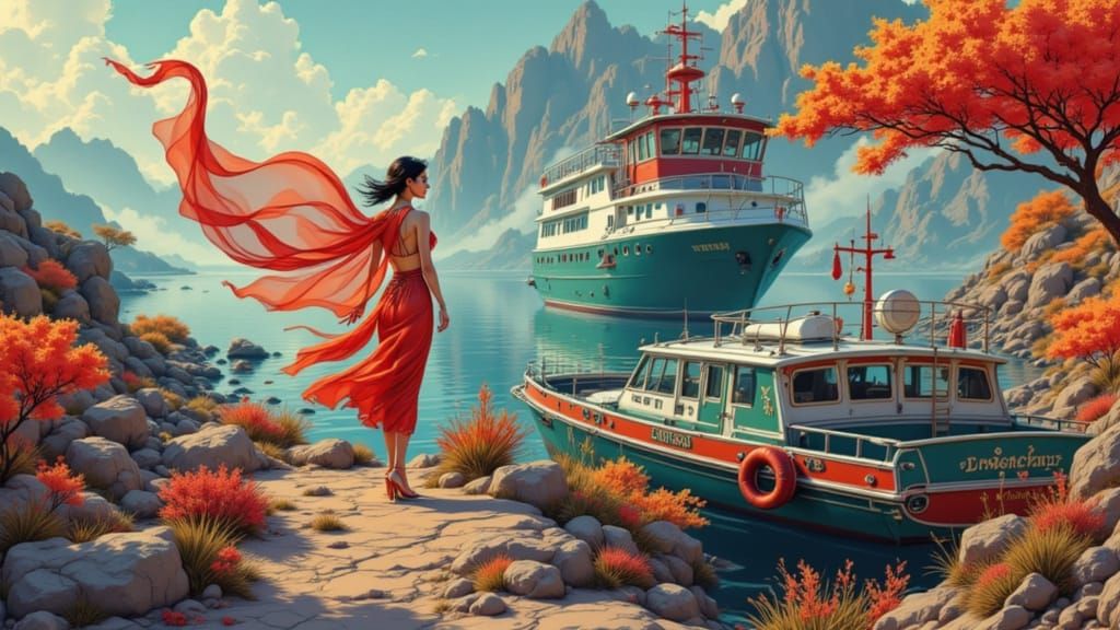 Women in Autumnal Landscape with Boats and Scarf