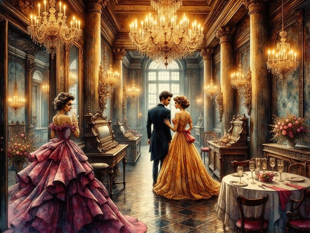 Elegant Ball Scene: Ink Illustration of Mystery