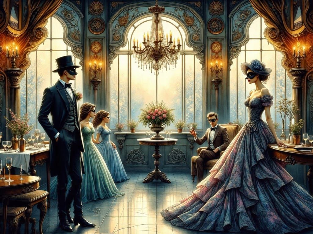 Elegant Masquerade Ball in Art Nouveau Style