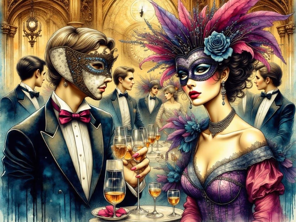 Elegant Masquerade Ball in Swirling Ink Style