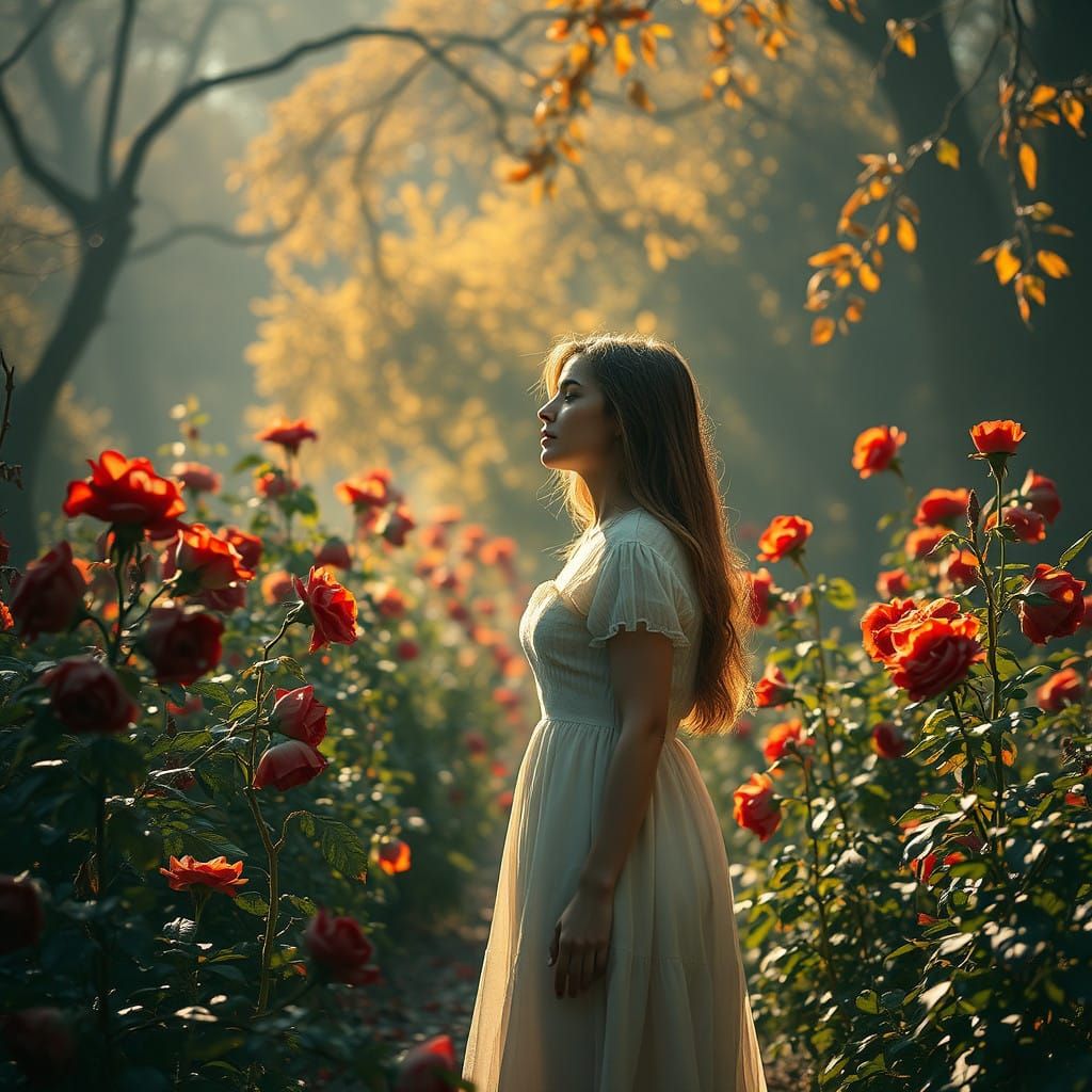 Whimsical Autumn Garden with Wilting Roses