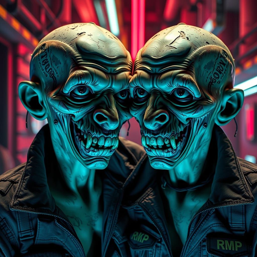 Cyberpunk Siamese Twins in Dystopian Cityscape