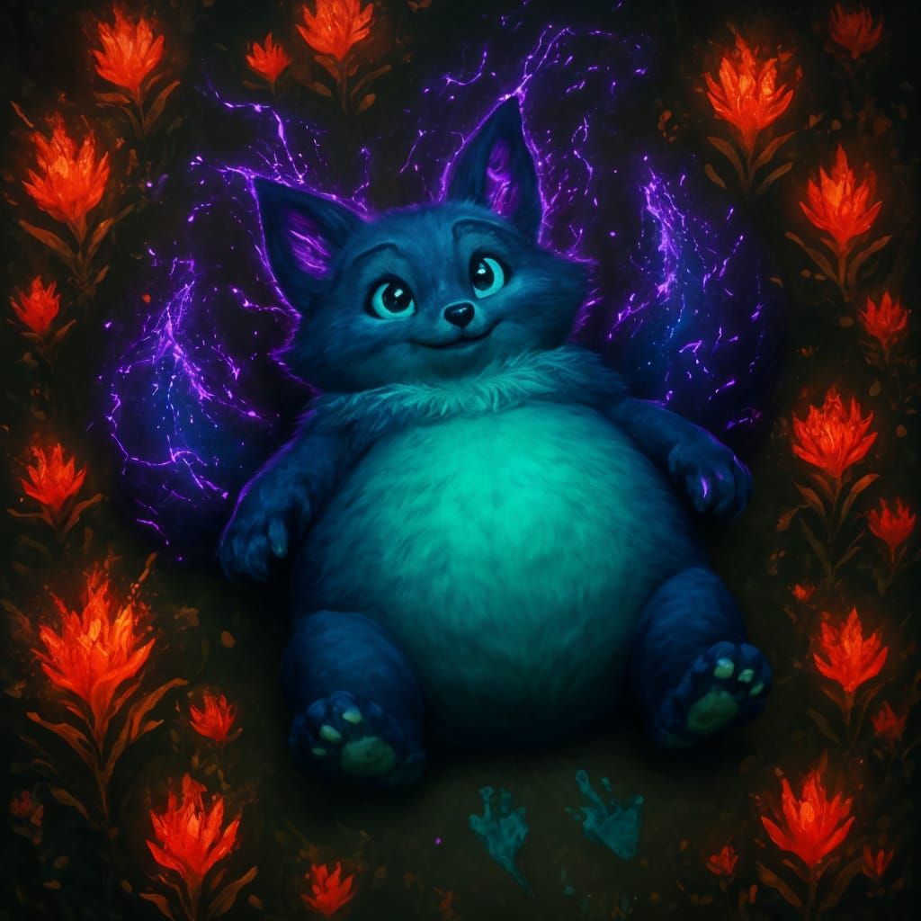 Overweight Fox in Field of Flaming Flowers