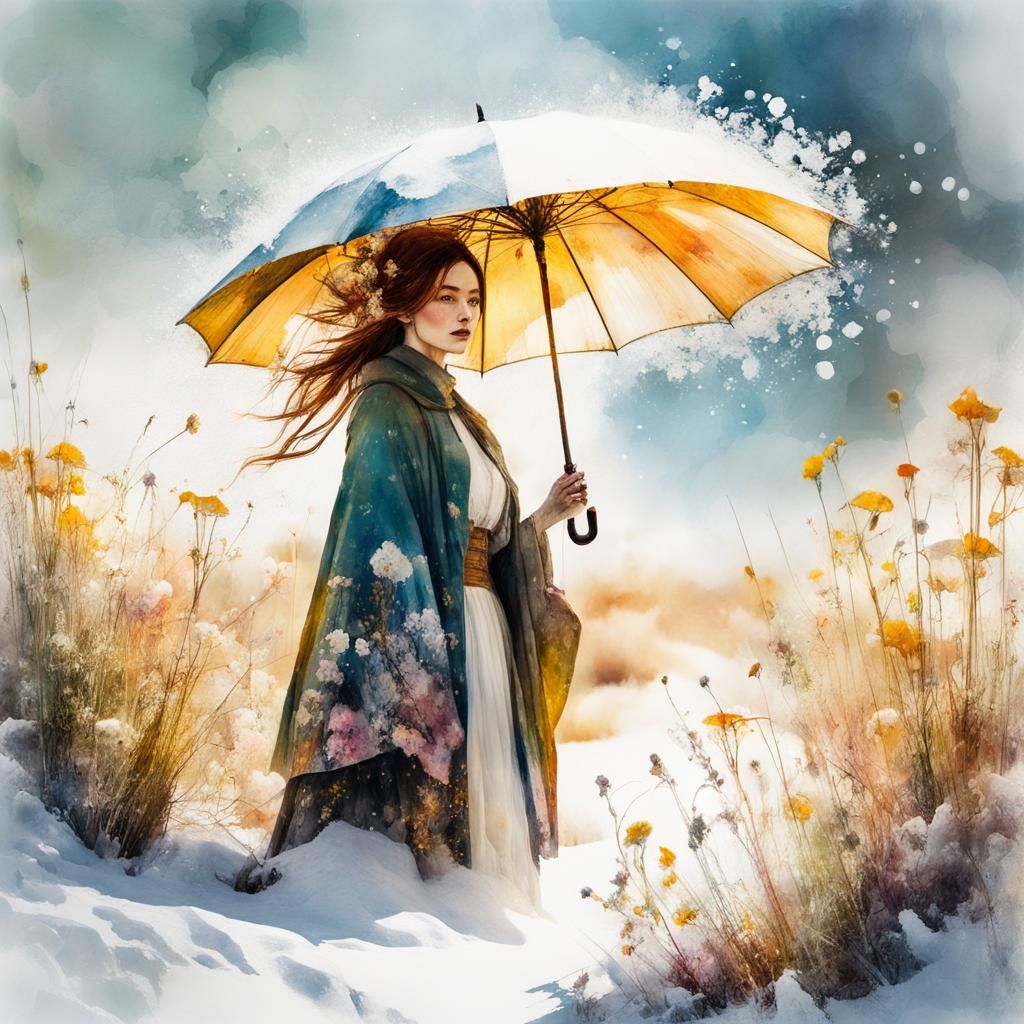 Watercolor Double Exposure: Snow, Meadow, Umbrella