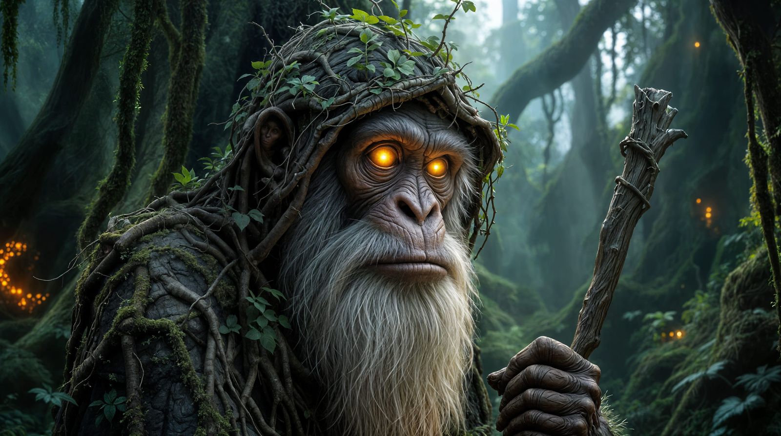 Ancient Primate Sage in a Mystical Jungle Setting