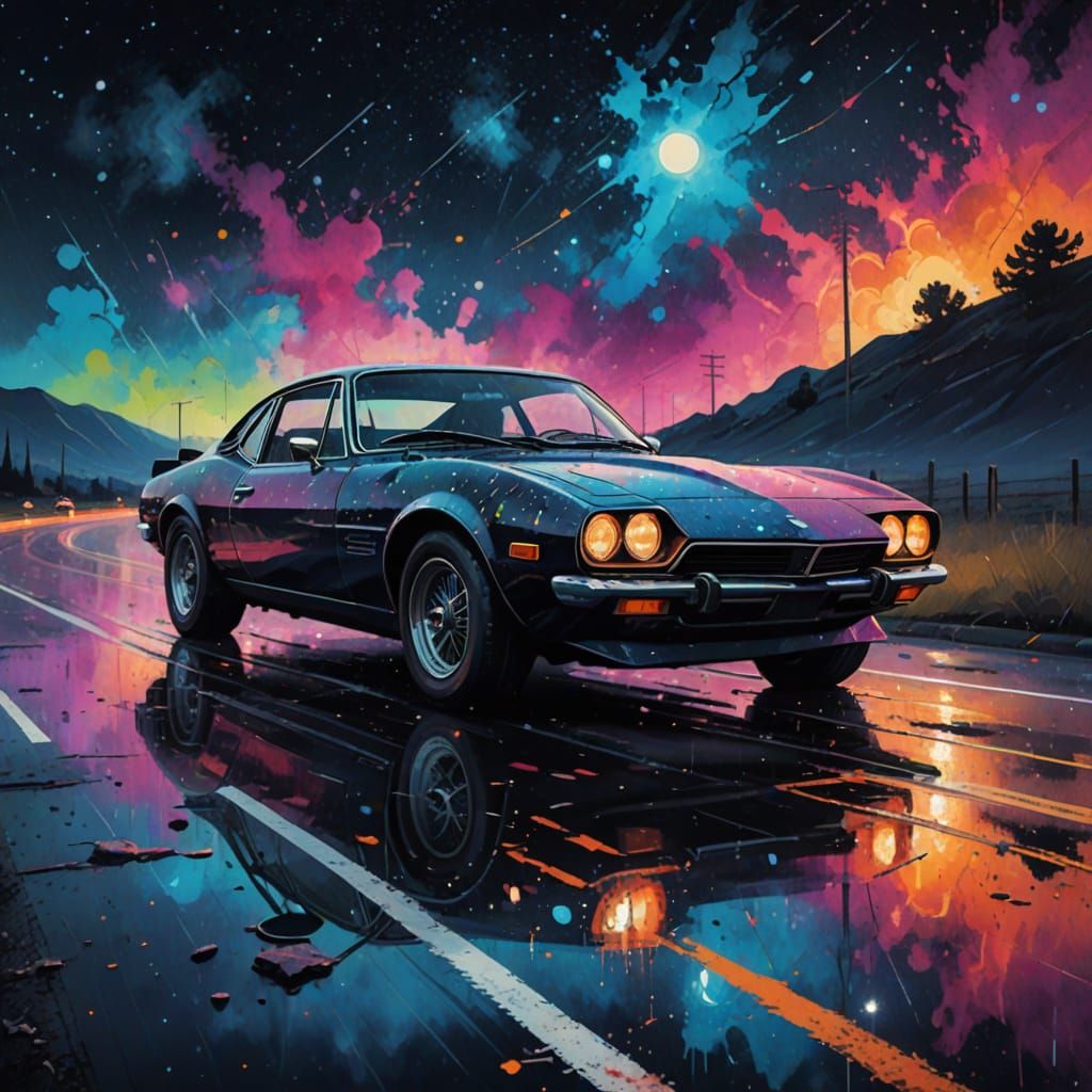 Vintage Sports Car on Highway in Gothic Concept Art Style