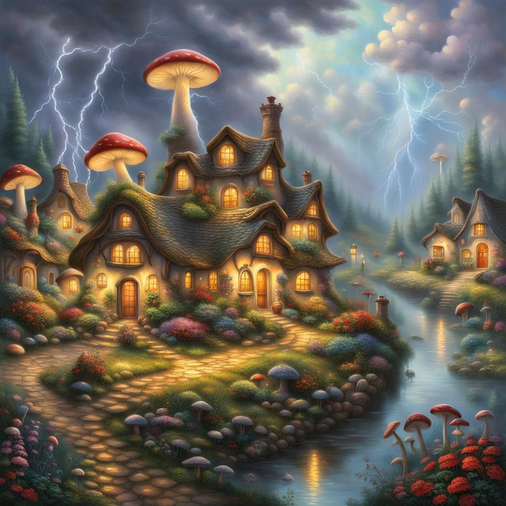 Mushroom Village Fantasy Art with Lightning