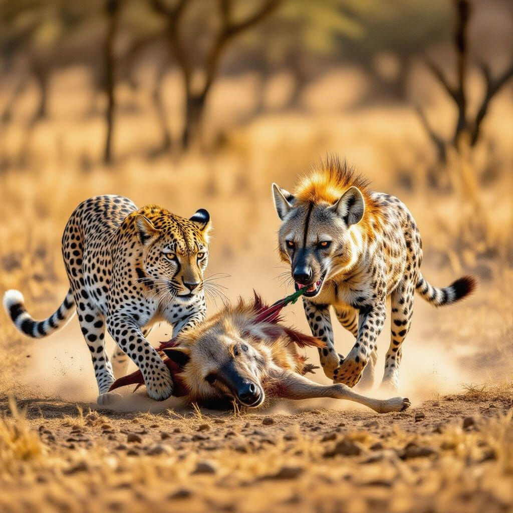 Leopard and Hyena Dragging Impala Carcass in Savannah
