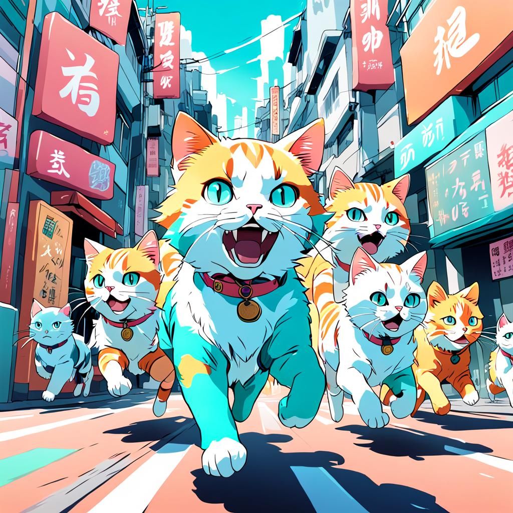 Anime Cats Running Wild in City