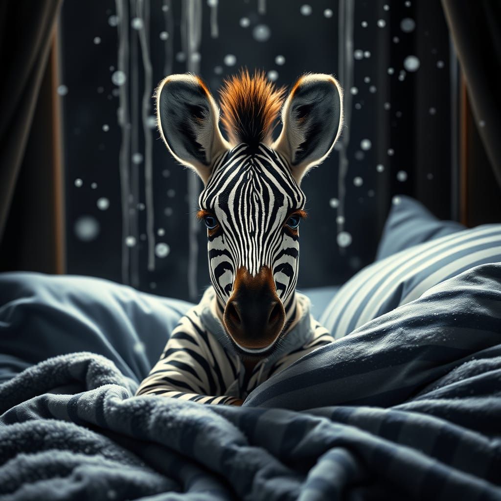 Vintage-Inspired Baby Zebra in Cozy Bed, Snowy Scene