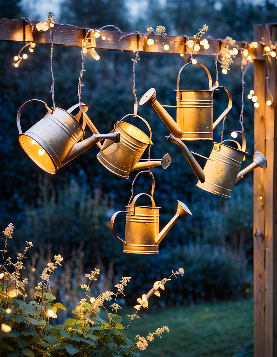 Whimsical Watering Can Garden Lights in Watercolour