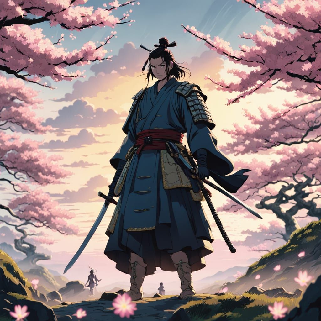 Samurai on Battlefield in Ghibli Style