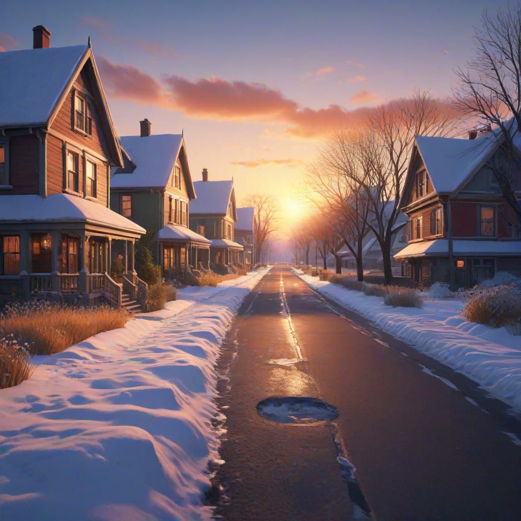 Winter Wonderland Neighborhood Scene at Sunset