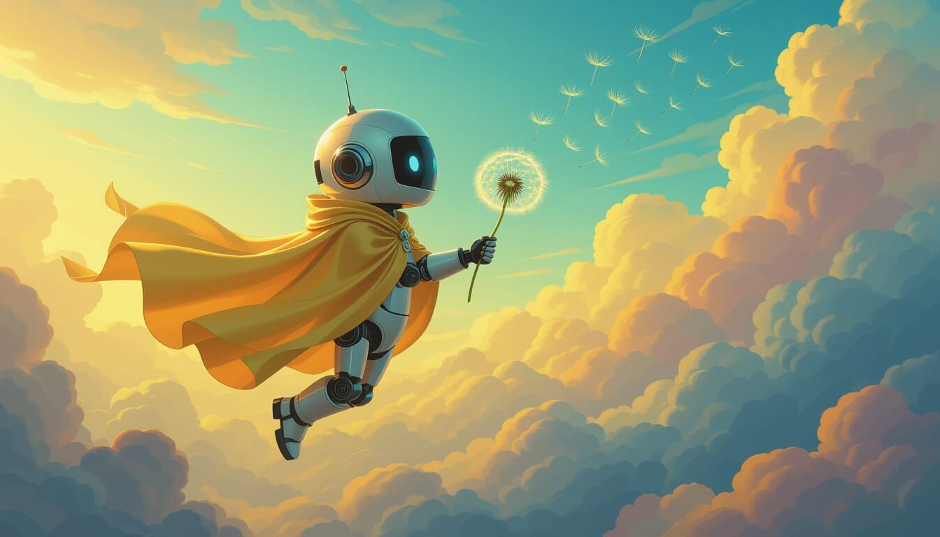 Robot Soaring with Dandelion in Surreal Oil Painting
