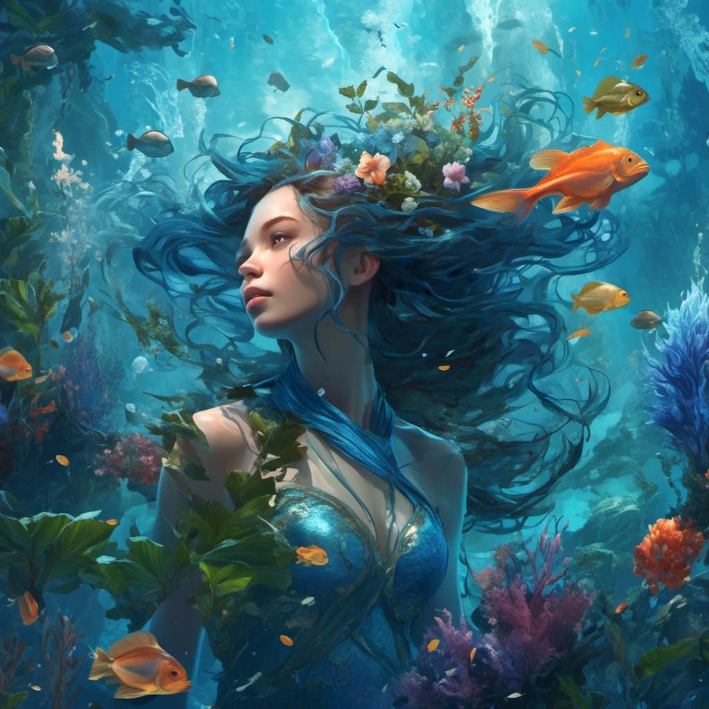 Mermaids in Blue Ocean: Hyperrealistic Art Nouveau Portrait