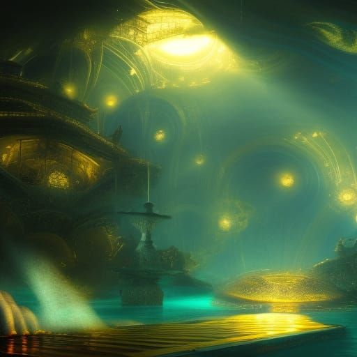 Underwater Bubble City in Golden Light