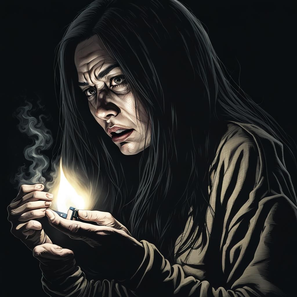 Woman in Darkness Holding Lighter, Expressing Fear