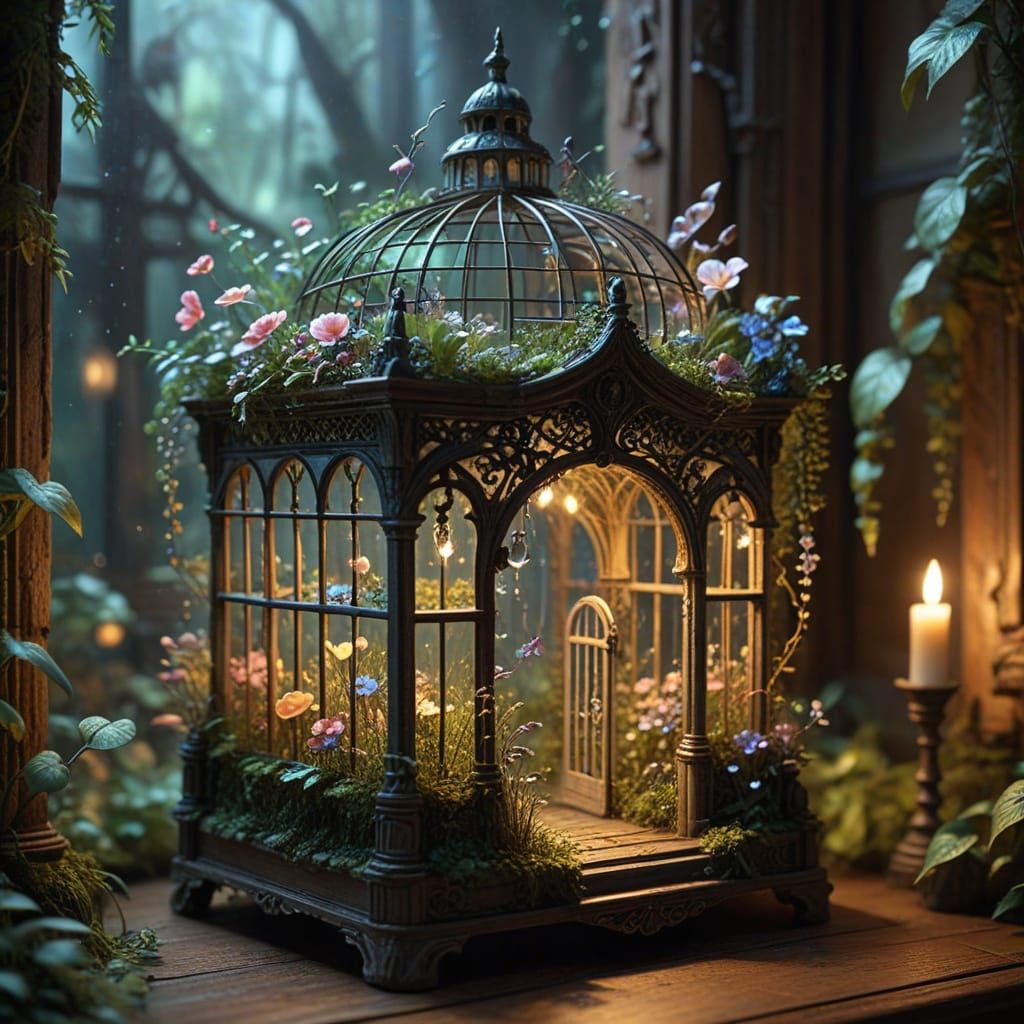 Enchanted Birdcage Garden in Ethereal Light