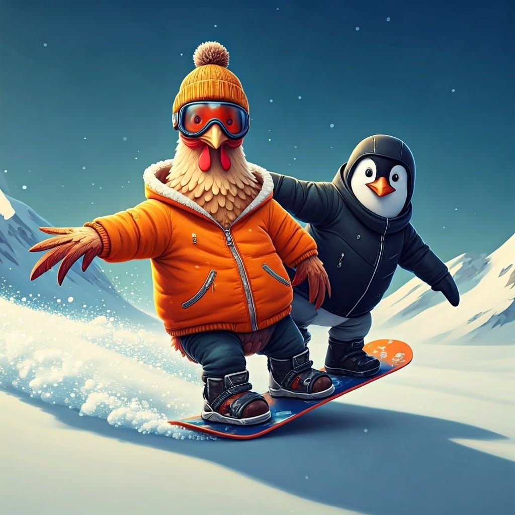 Chicken and Penguin Snowboarding Adventure in Pixar Style