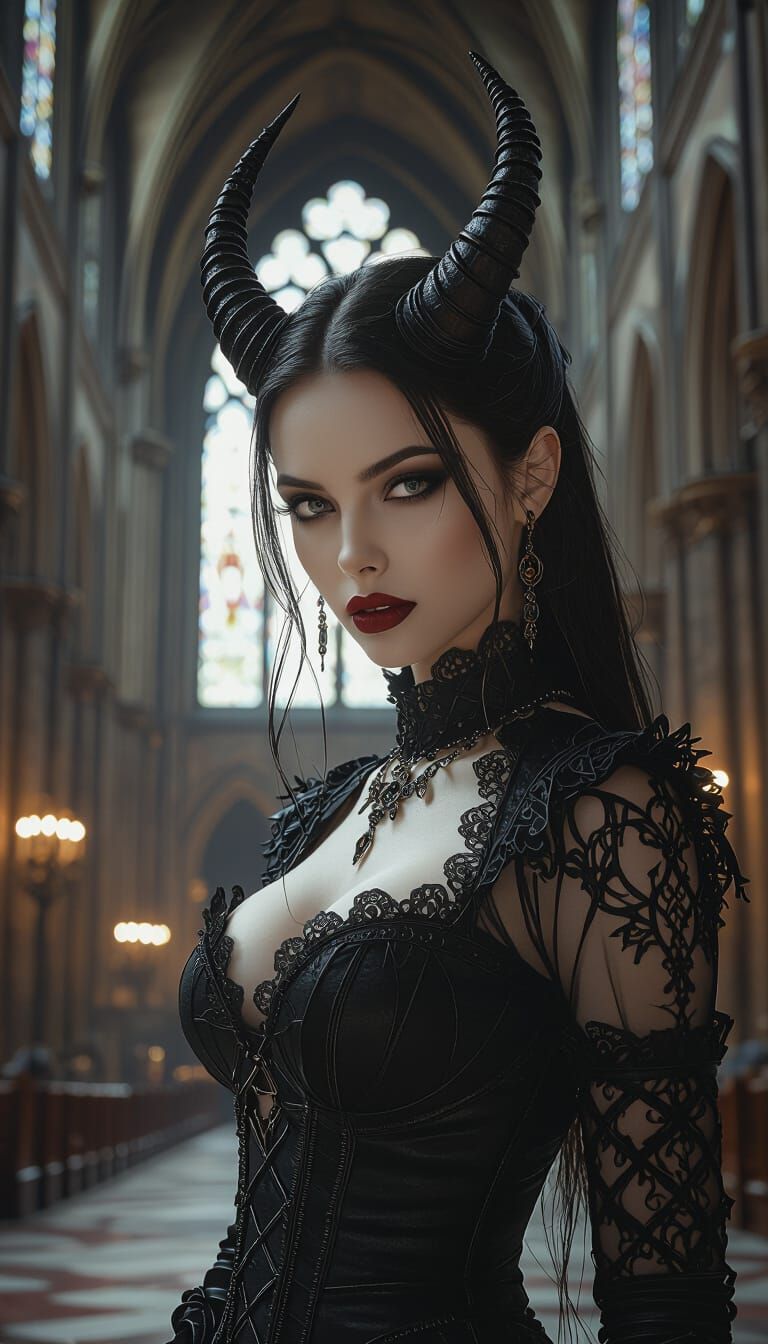 Gothic Cathedral Portrait with Devil Horns, Dark and Detaile...