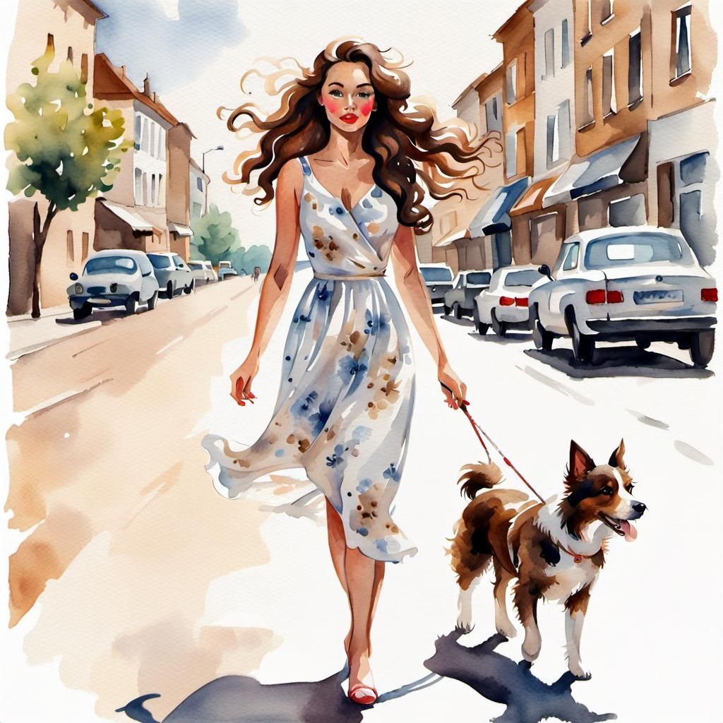Woman and Dog in Julia Pott Watercolor Style