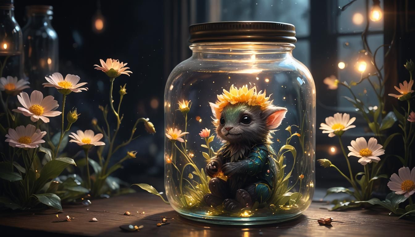 Cute Magical Creature with Glowing Flower in Jar