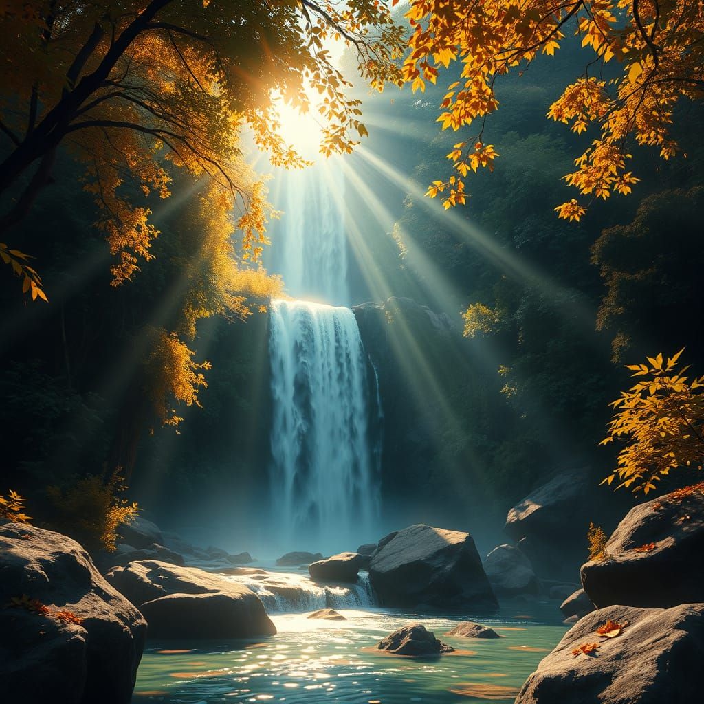 Golden Autumn Waterfall in Lush Jungle
