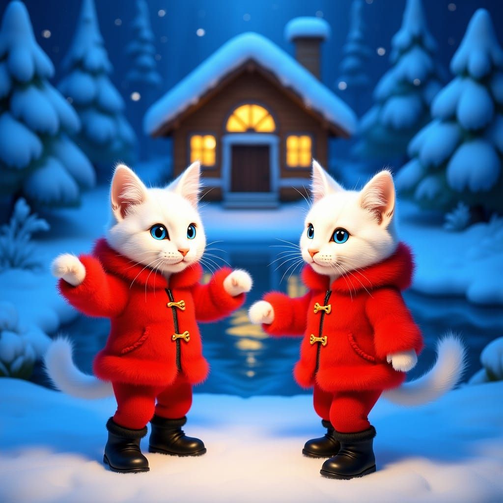 Kittens Dancing in Snowy Forest Fairytale