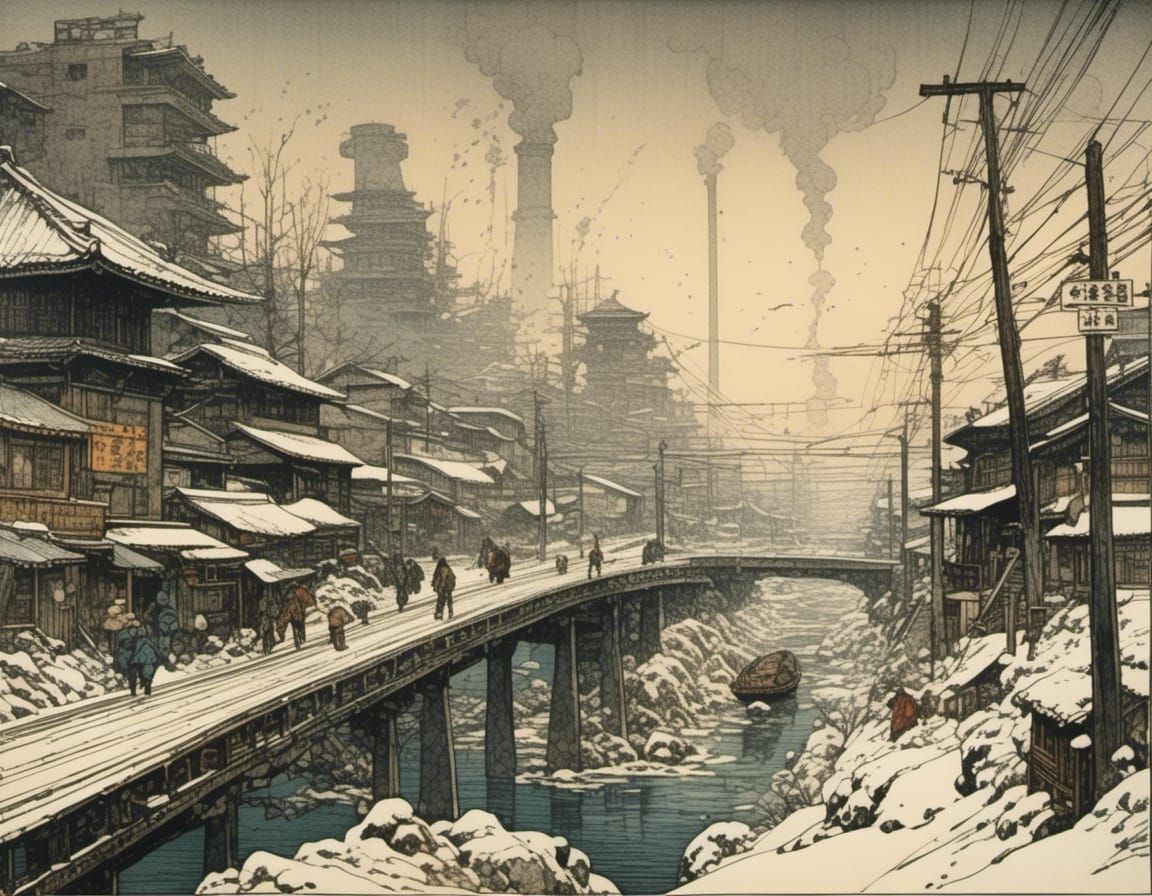 Post-Apocalyptic Cityscape in Shin-Hanga Style