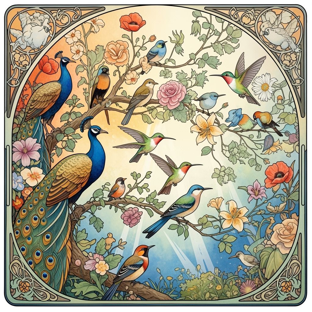 Birds and Flowers in Art Nouveau Style