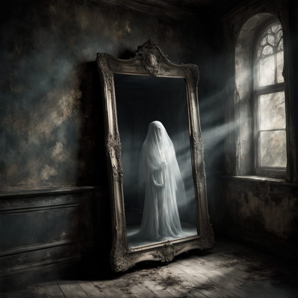 Ghost Child Haunts Attic Mirror in Ethereal Reflection