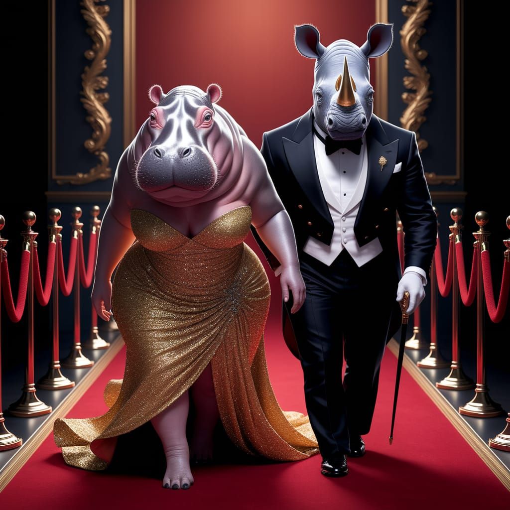 Regal Hippo in Gold Gown with Rhinoceros in Tuxedo Walking R...
