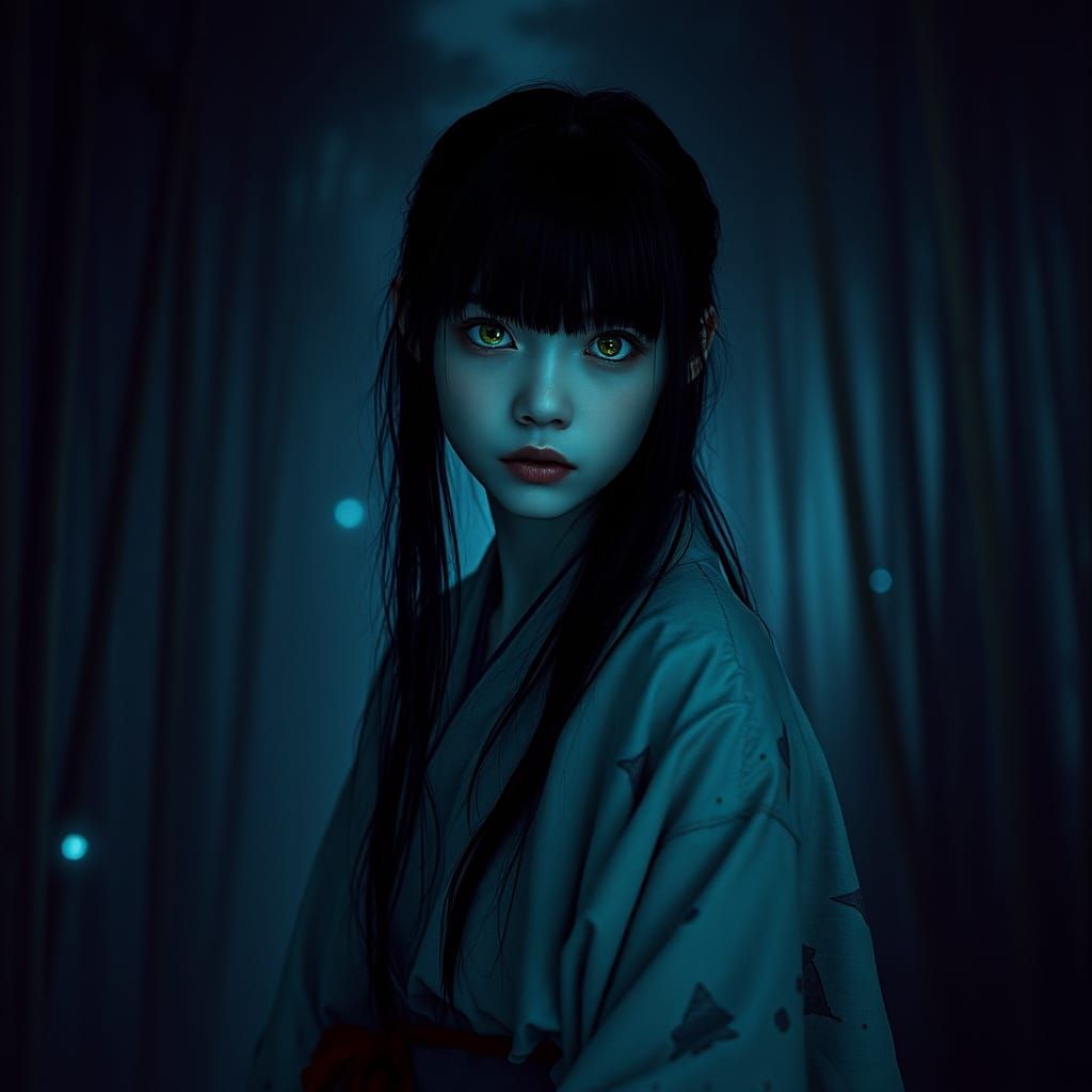 Eerie Japanese Girl in Misty Forest, Dark Art